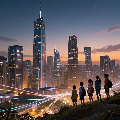 Photograph of a cityscape at dusk, showcasing illuminated skyscrapers with colorful light trails. Silhouetted children stand on a hillside,