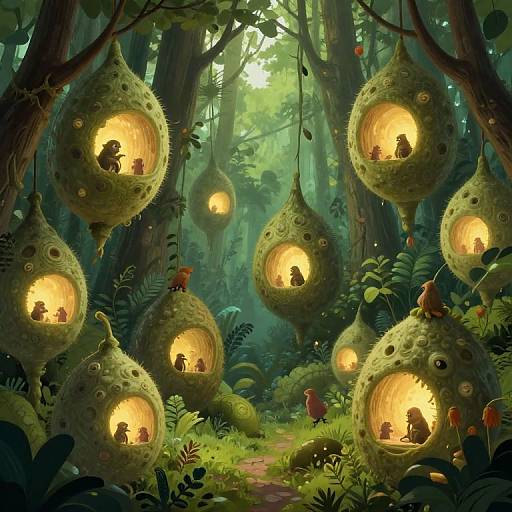 Digital fantasy art: Enchanted forest with glowing, moss-covered, spherical birdhouses hanging from trees, each containing small, silhouette-like bird figures inside