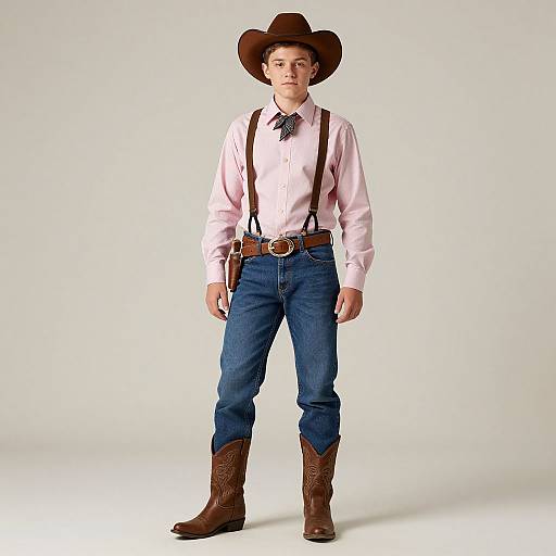 Photograph of a young white man in cowboy attire: brown hat, pink shirt, blue jeans, brown suspenders, belt with holster, brown boots