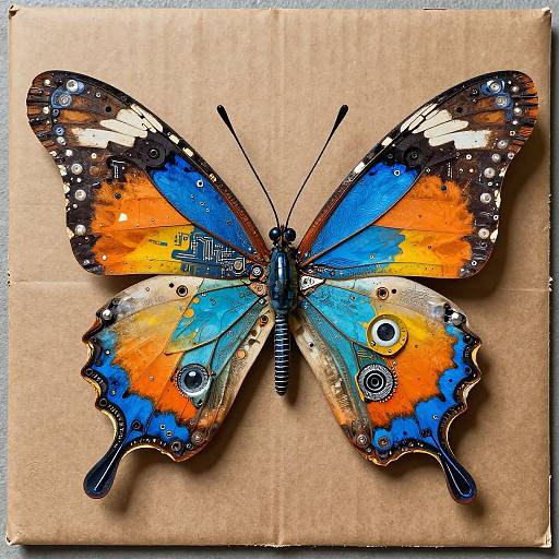 Vibrant, intricately-patterned butterfly artwork with blue, orange, black, and white details, pinned to a brown cardboard background, photographed in