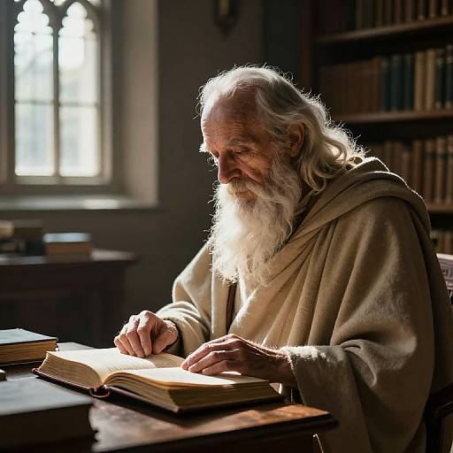 Photograph of an elderly white man with a long white beard, wearing a beige robe, reading a book in a dimly lit library, sunlight streaming