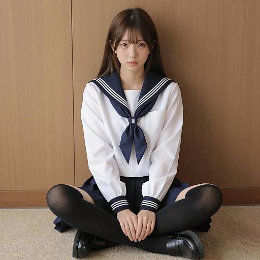 Asian Woman in White Sailor Uniform Sitting Indoors