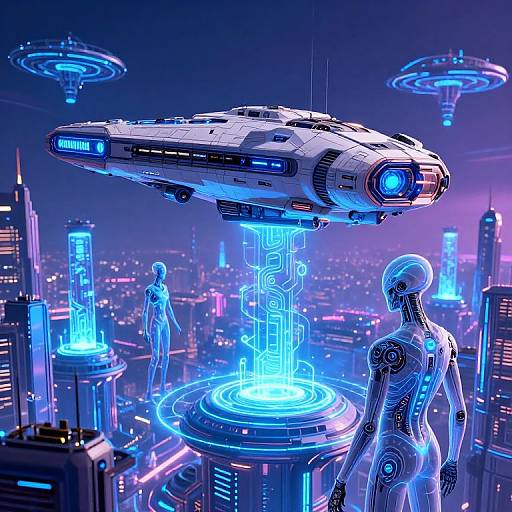 Digital art of a futuristic city with glowing blue neon lights, humanoid robots, and a hovering spaceship. Cybernetic cityscape at night.