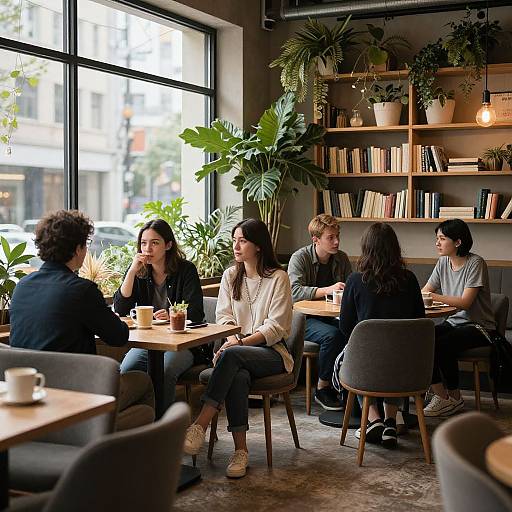 Photograph of five young adults, diverse in appearance, sitting in a cozy, sunlit café with large windows, potted plants, and wooden shelves