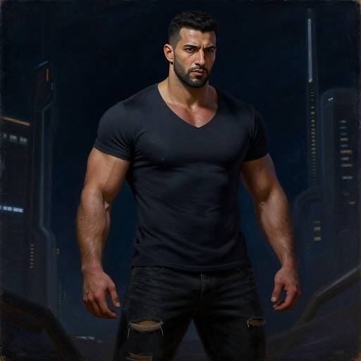 Photograph of a muscular, bearded man with short black hair, wearing a tight black V-neck T-shirt and ripped black jeans, standing in a