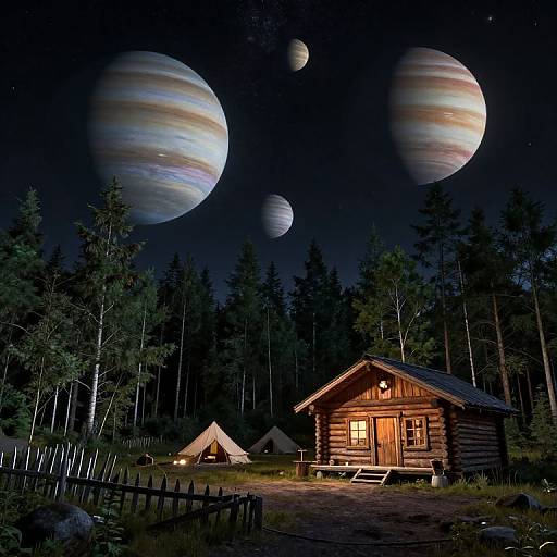 Photorealistic Forest Cabin Under Gas Giants