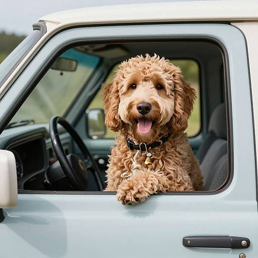 Golden Doodle Puppy Driving Pickup