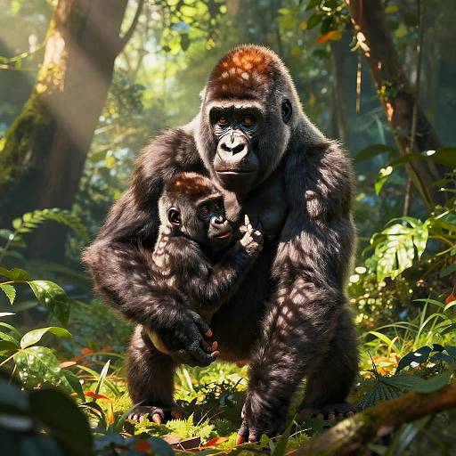 Photograph of a large, black-furred gorilla with a smaller, younger gorilla clinging to its chest in a lush, sunlit forest.