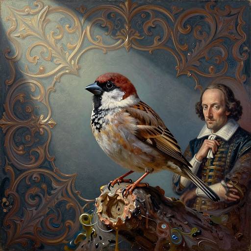 Baroque-style painting of a red-breasted sparrow perched on a ornate, golden object, with a stern-faced man in period clothing in