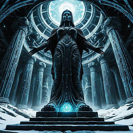 Ancient Mystical Statue in Frozen Temple