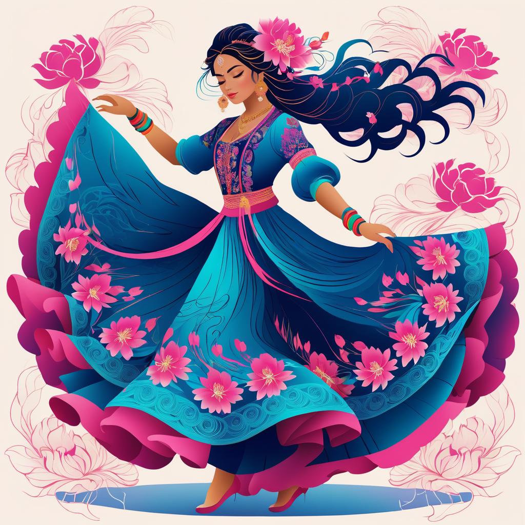 Elegant Folk Dancer Amid Peonies