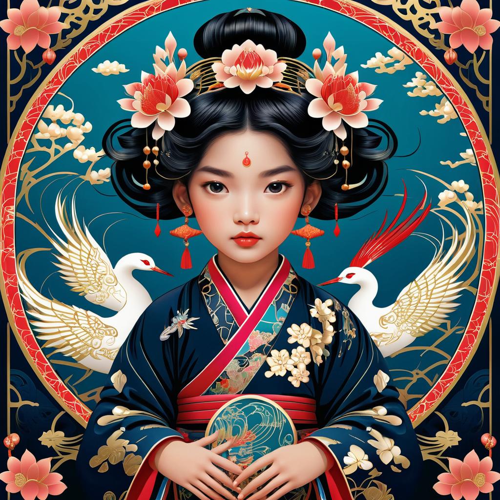 Oriental Child with Cranes and Art Nouveau