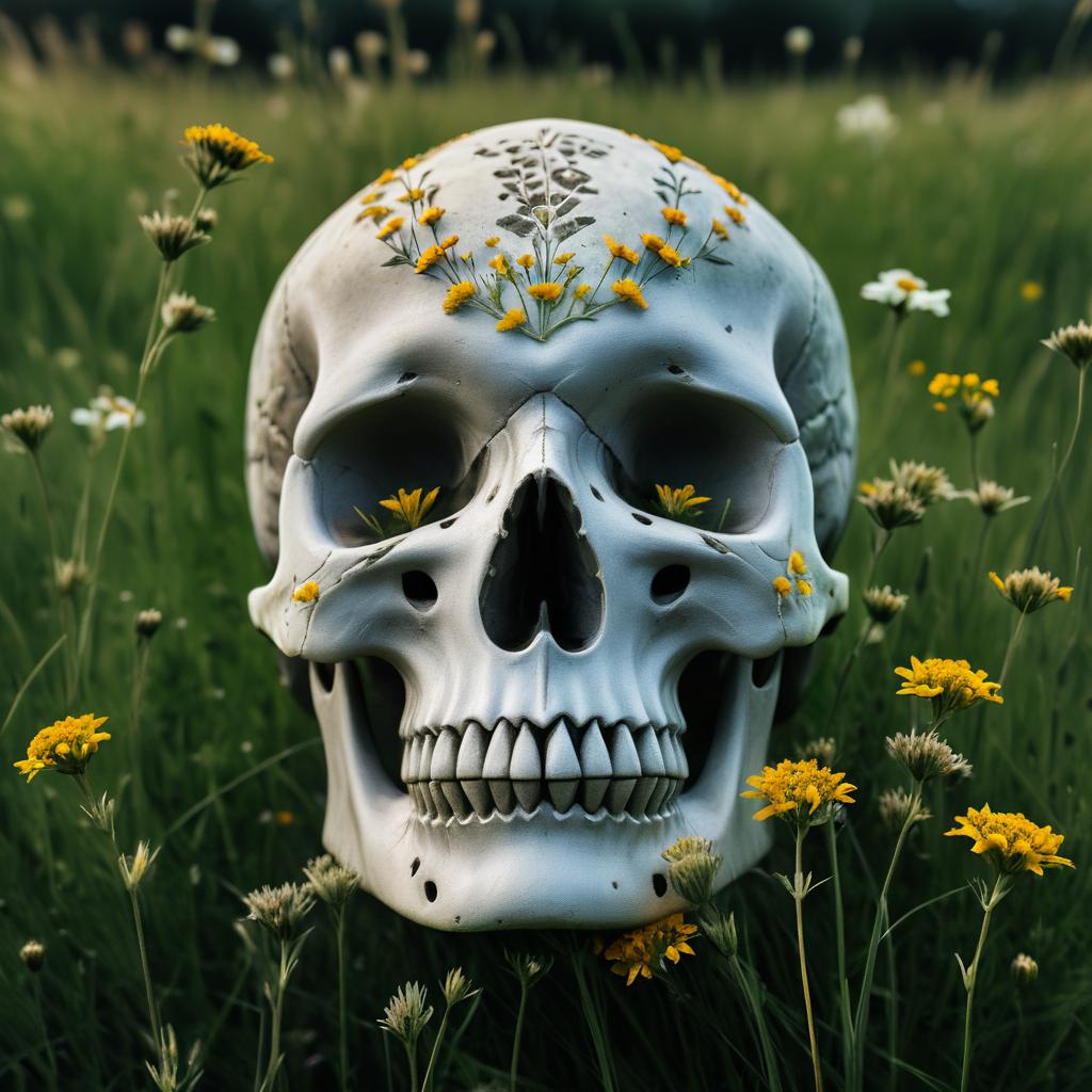 Ancient Skull Among Wildflower Meadows