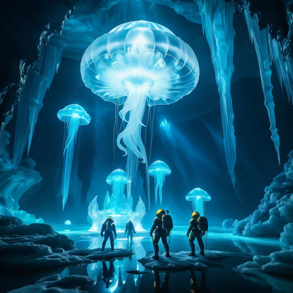 Explorers in a Glowing Ice Cave