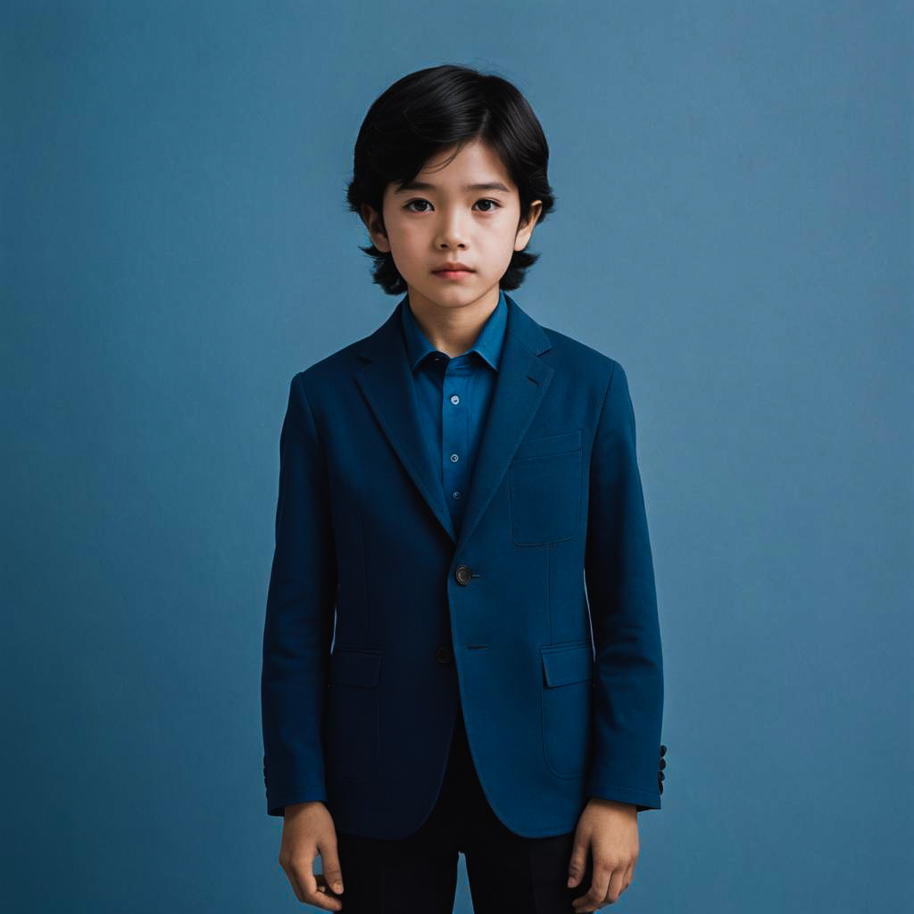 Shy Young Boy in Blue Outfit Portrait