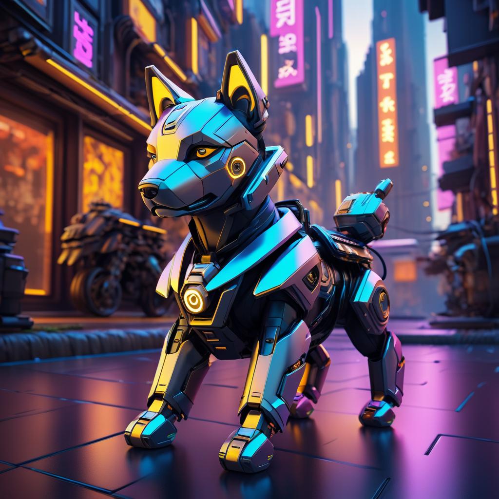 Hyper-Realistic Mecha Shiba Inu in Cyberpunk