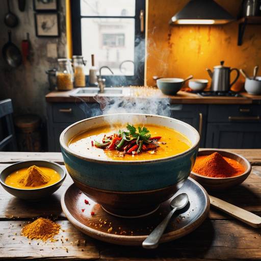 Steaming Bowl of Spicy Soup in Rustic Kitchen