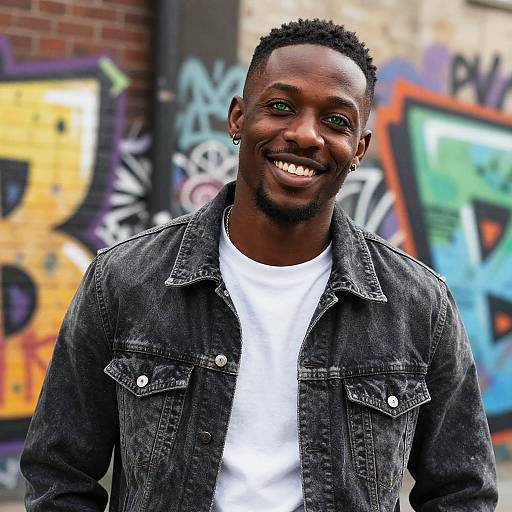 Photograph of a smiling young Black man with short curly hair, wearing a white t-shirt and black denim jacket, standing in front of colorful graffiti-covered