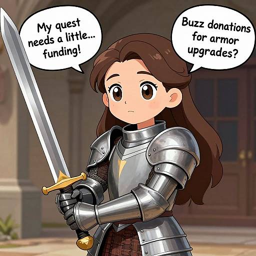 Digital anime-style drawing of a young girl in silver armor holding a sword, with speech bubbles saying, 