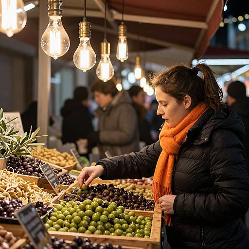 Photograph of a woman with dark hair in a ponytail, wearing a black jacket and orange scarf, selecting olives at a brightly lit outdoor market