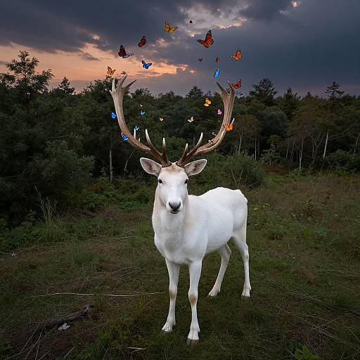Photograph of a white deer with large antlers from which colorful butterflies emerge, standing in a dark forest at sunset.