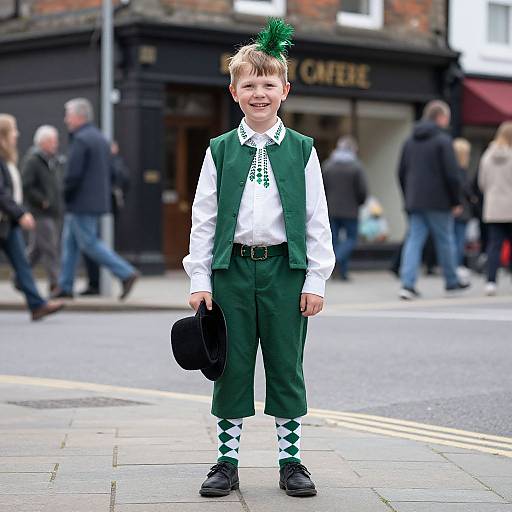Photograph of a young boy in green Irish costume with white shirt, green vest, green pants, argyle socks, and black shoes, holding a