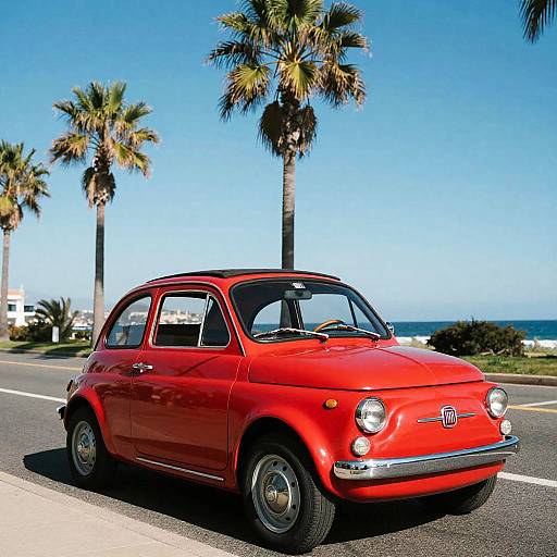 Photograph of a bright red classic Fiat 600 driving on a sunny coastal road with tall palm trees and the ocean in the background.