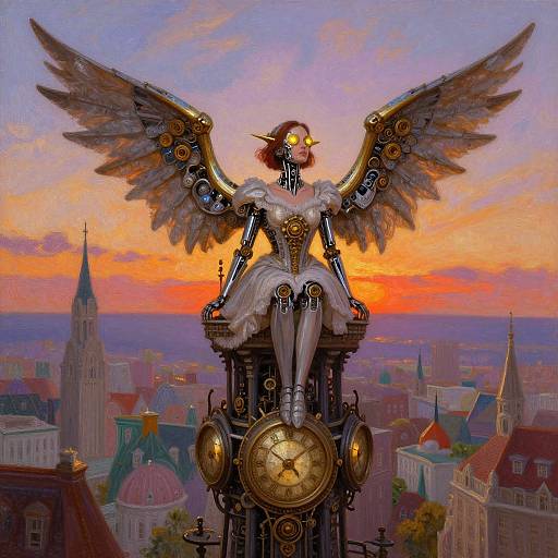 Steampunk Cyberpunk Woman Overlooking City