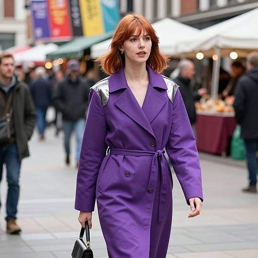 Photograph of a red-haired woman in a vibrant purple trench coat with shiny silver epaulettes walking on a bustling city street, blurred market stalls