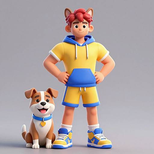 3D CGI image of a red-haired boy in yellow-blue hoodie and shorts, standing with a brown-and-white dog on a gray background.