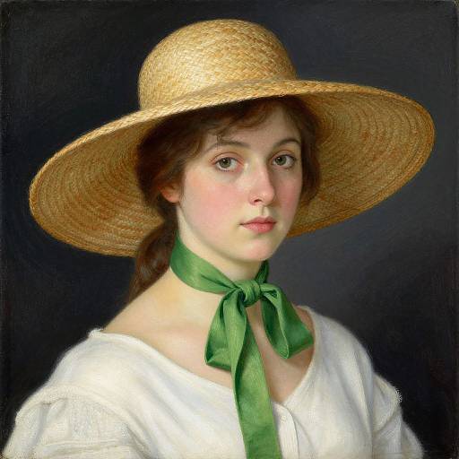 Photorealistic painting of a young woman with fair skin, brown hair, green ribbon, white blouse, and straw hat, against a dark background.