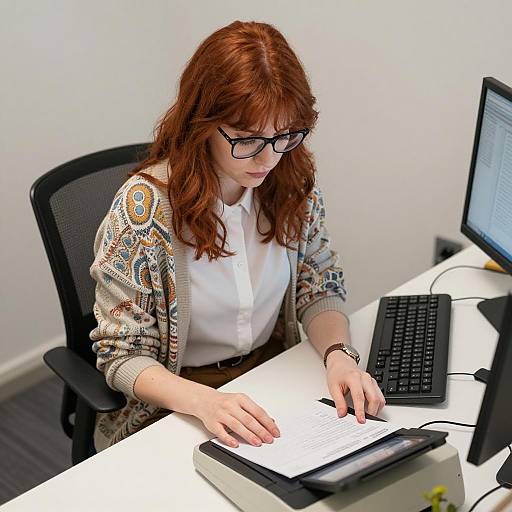 Focused Red-Haired Woman in Office