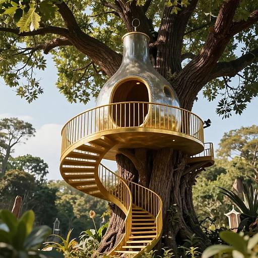 Photograph of a sleek, golden, spiral treehouse with an arched entrance, nestled in a large tree, surrounded by lush greenery. Sun