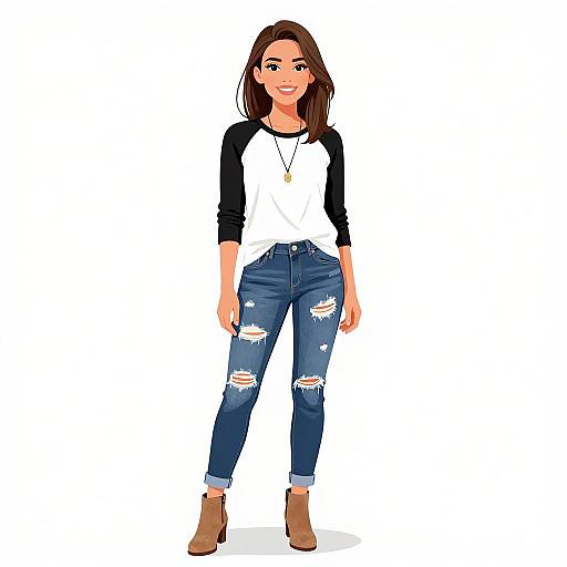 Digital illustration of a smiling young woman with long brown hair, wearing a white and black raglan shirt, blue ripped jeans, and brown ankle boots.
