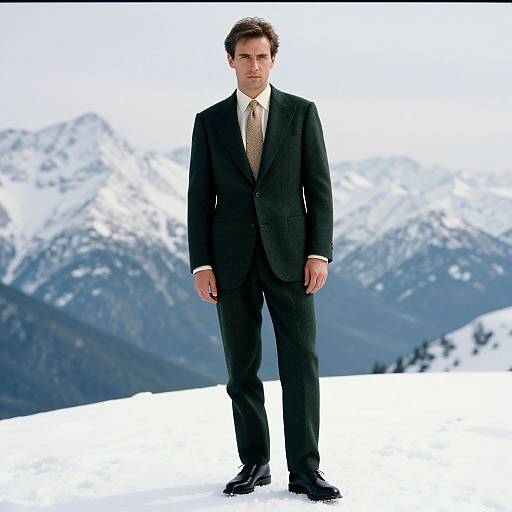Photograph of a serious man in a black suit and tan tie, standing on snowy mountain peak with snowy mountains in background.