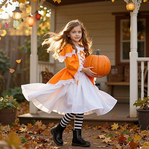 Photograph of a young girl with long brown hair in an orange and white Halloween dress, striped leggings, black boots, holding a pumpkin, standing on