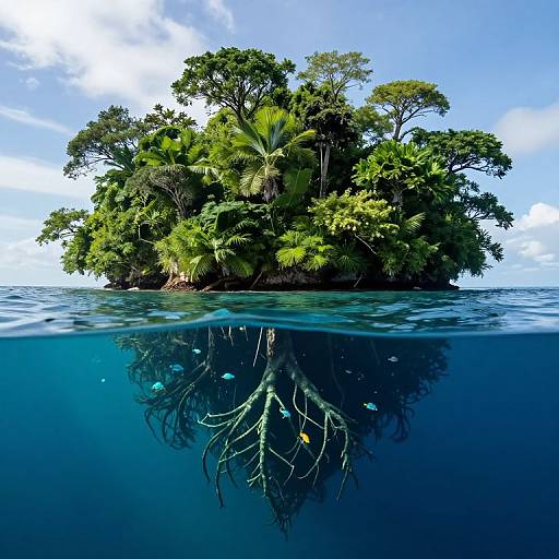 Photograph of a lush, green island with dense tropical trees and visible underwater roots, surrounded by clear blue water, reflecting the island above.