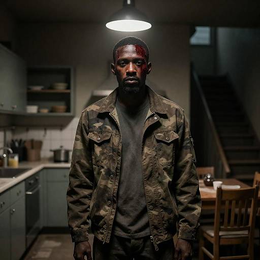 Intense Dark-skinned Man in Gritty Kitchen