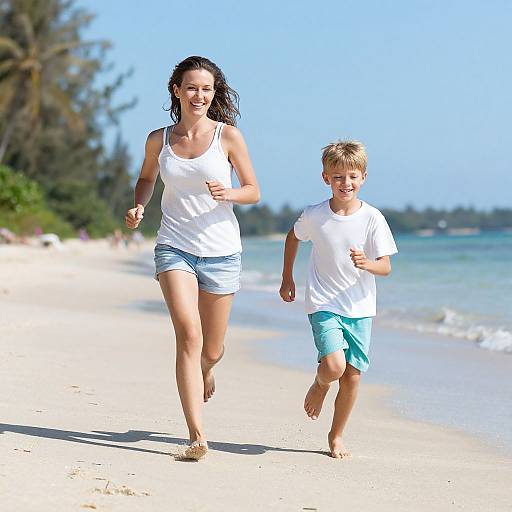 Photograph of a smiling woman with dark hair and a young blond boy, both in white tops and blue shorts, running barefoot on a sunny,