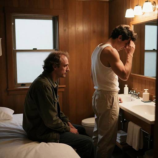 Intimate Moment in a Dim Bathroom