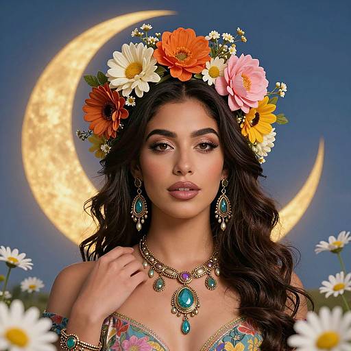 Photograph-style digital art of a beautiful woman with dark hair, wearing a flower crown, turquoise jewelry, and floral dress, against a moonlit blue
