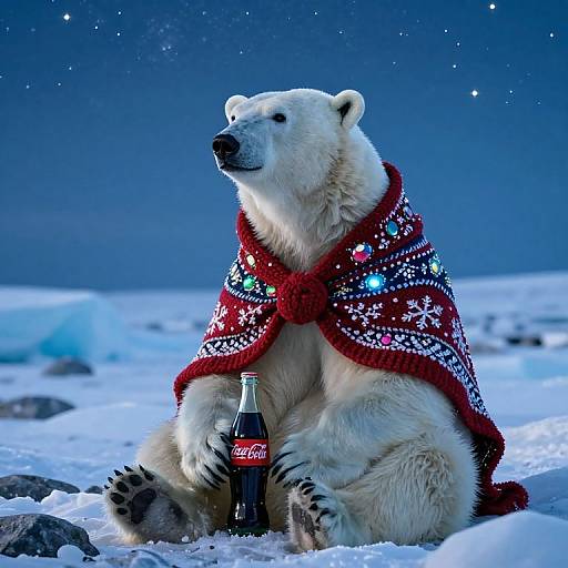 Photograph of a white polar bear wearing a red, sequined Christmas cape, sitting in snowy Arctic landscape, holding a Coca-Cola bottle, under a