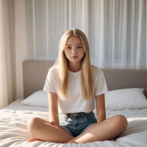 Photograph of a blonde woman with straight hair, wearing a white t-shirt with a gray pattern and dark jeans, sitting on a white bed against sheer