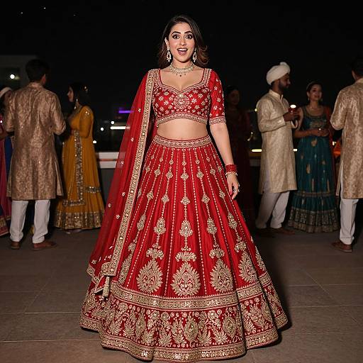 Photograph of a smiling Indian woman in a vibrant red lehenga with gold embroidery, paired with a matching crop top, standing confidently at a night-time
