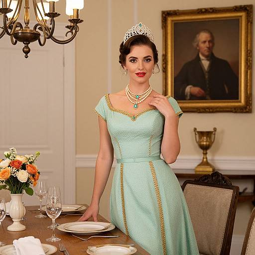 Photograph of a fair-skinned woman with dark hair in a tiara, teal dress, pearl necklace, and red lipstick, standing at a dining