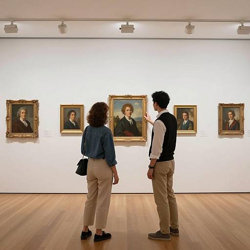 Couple Viewing Classic Portraits in Art Gallery