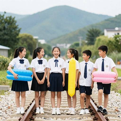 Joyful Schoolchildren on Railway Tracks