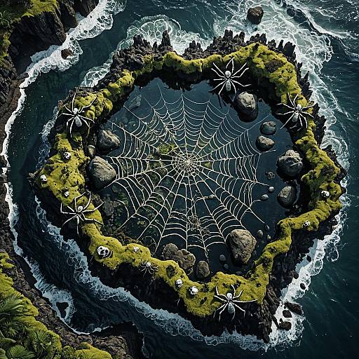 Skull Island with Giant Spider Webs and Mossy Rocks
