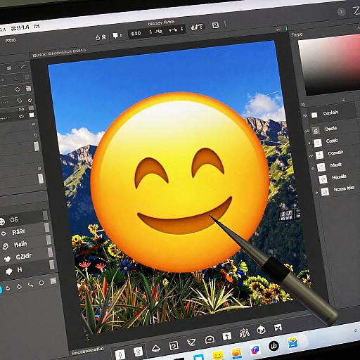 Photograph of a digital editing interface with a large, yellow smiling sun emoji overlaying a mountain and flower scene. Pen tool visible. Photoshop interface with