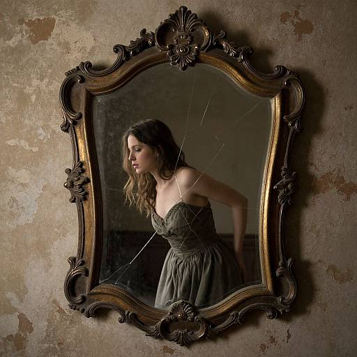 Photograph of a young woman in a lace, strapless dress reflected in an ornate, gold-framed mirror against a distressed, beige wall.